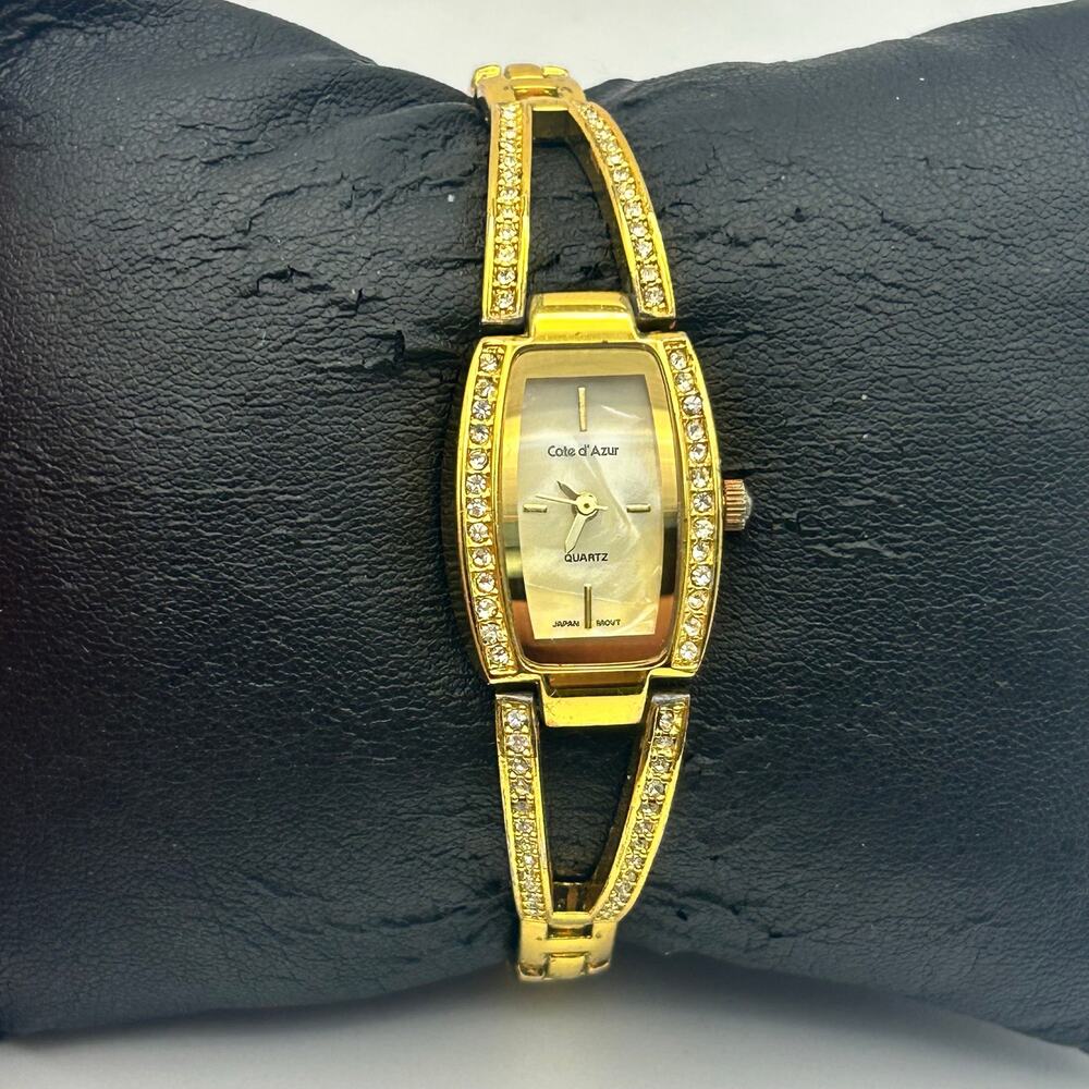 Cote d’ Azur Gold Tone Mother Pearl Dial Crystals Accent Womens Watch Working